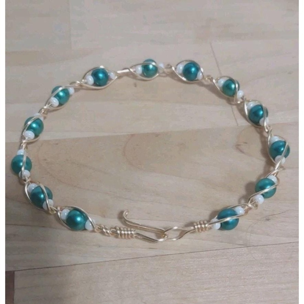 Teal & Pearl Twirl Wire Wrapped Bracelet